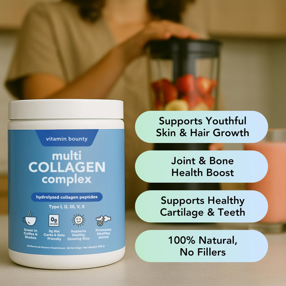 Vitamin Bounty Multi Collagen Complex powder tub ready for smoothies and coffee
