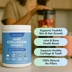 Vitamin Bounty Multi Collagen Complex powder tub ready for smoothies and coffee
