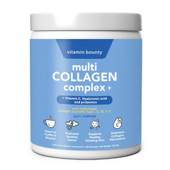 Vitamin Bounty multi collagen powder bottle ready for daily use in the kitchen