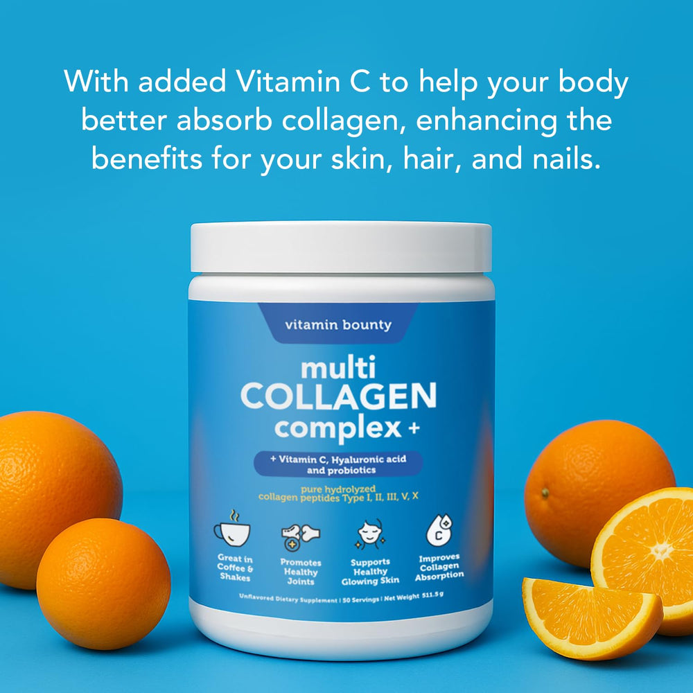 Close-up of Vitamin Bounty label showing five collagen types and nutrients