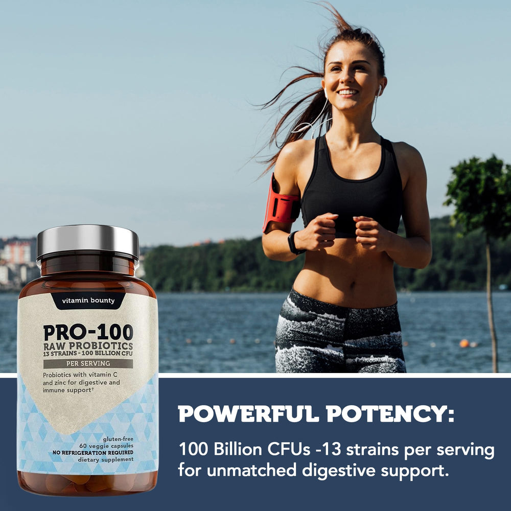 Vitamin Bounty Pro-100 graphic shows 13 strains for balanced digestion.
