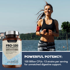 Vitamin Bounty Pro-100 graphic shows 13 strains for balanced digestion.