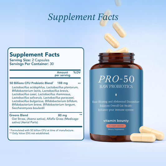 Vitamin Bounty Pro-50 bottle back label with ingredients and dosage information