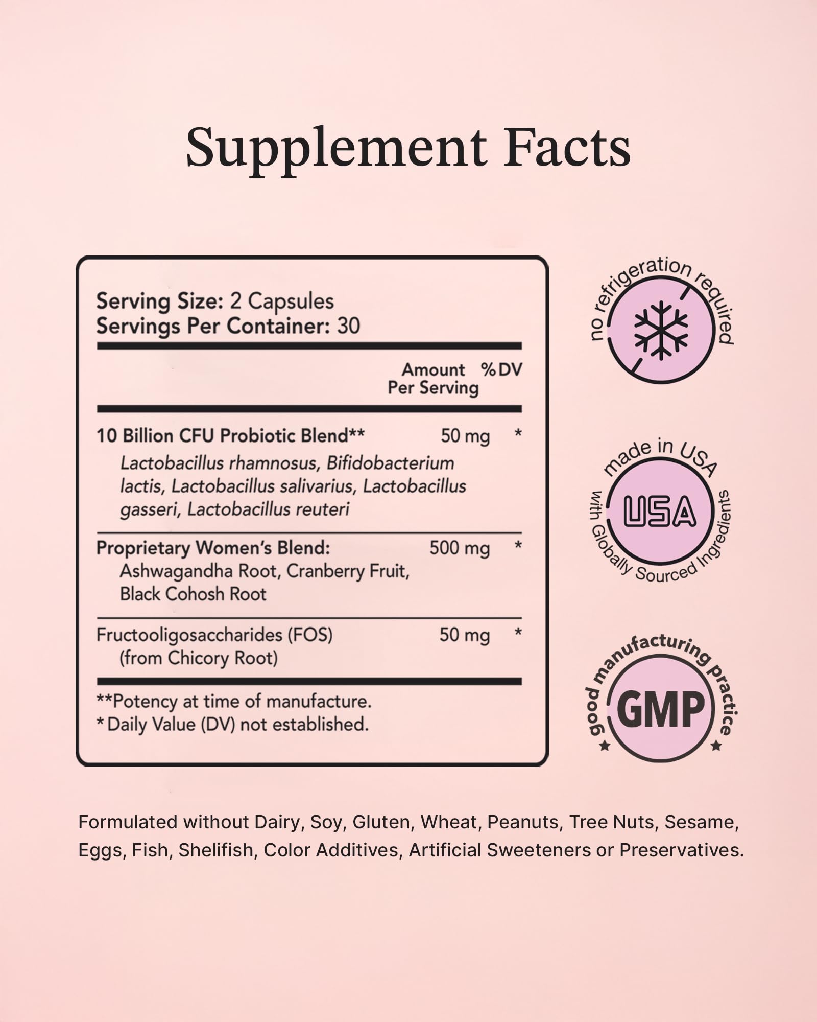 Ingredient blend of Vitamin Bounty Women's Pro-Daily Probiotic.