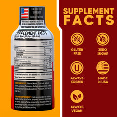 Vitamin Energy B12 Acai Pomegranate Shot label highlights vegan, zero-calorie caffeine features.