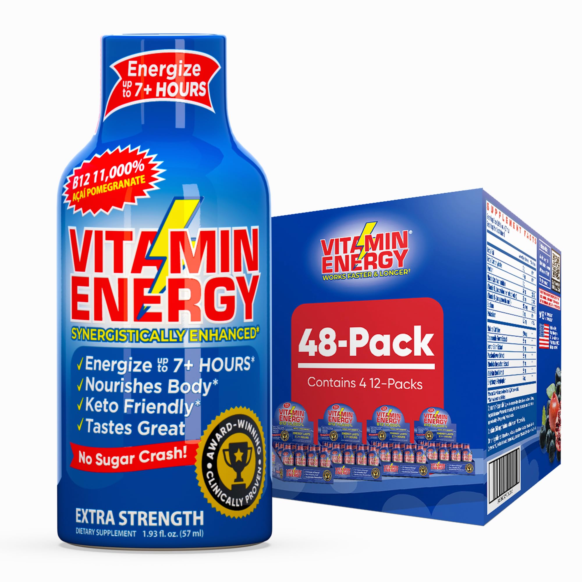 Vitamin Energy B12 shot acai pomegranate bottle delivers focused daytime energy.