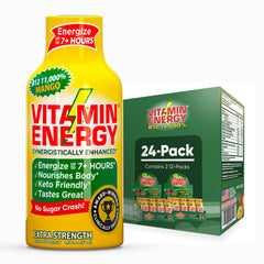 Vitamin Energy B12 Shot Mango bottle front showing compact energy for on-the-go days