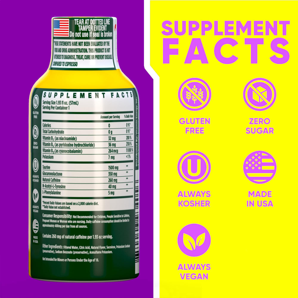 Vitamin Energy B12 shot mango bottle pour ideal before workouts for focus