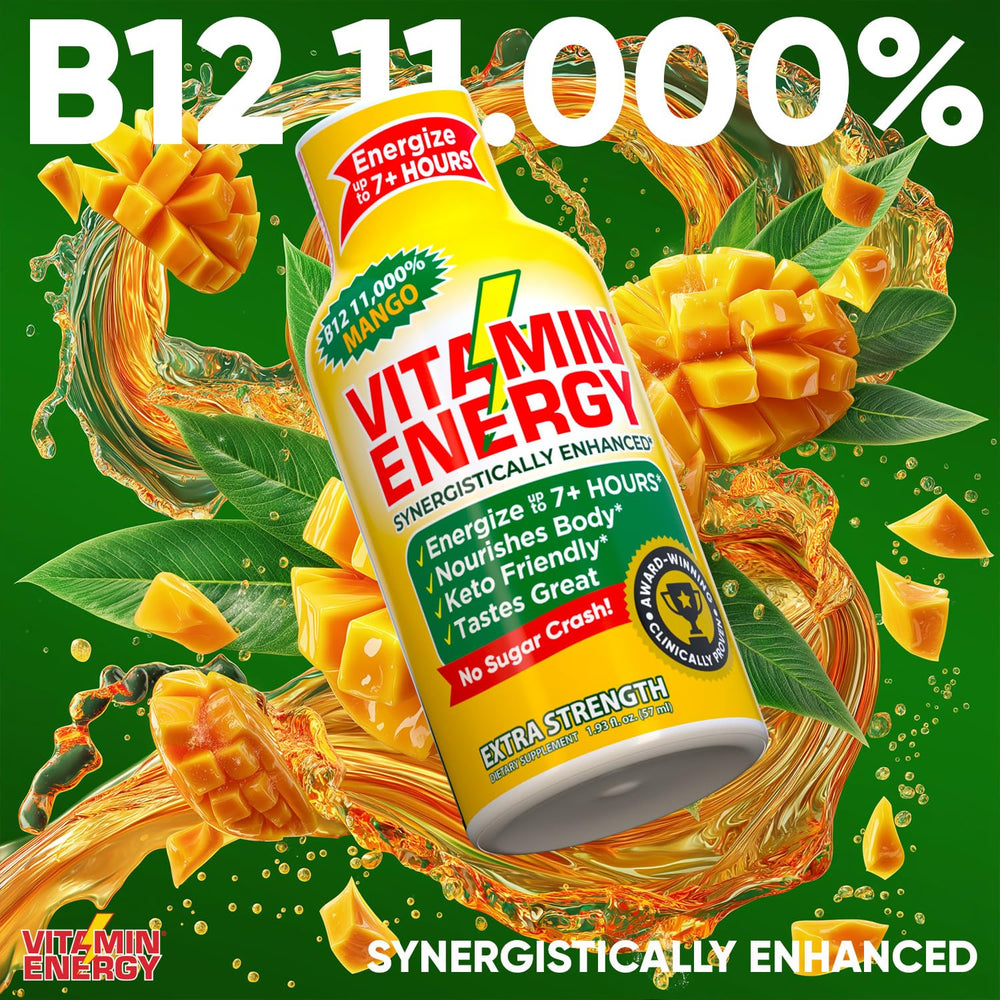 Glass with ice paired with Vitamin Energy B12 Shot Mango for refreshment