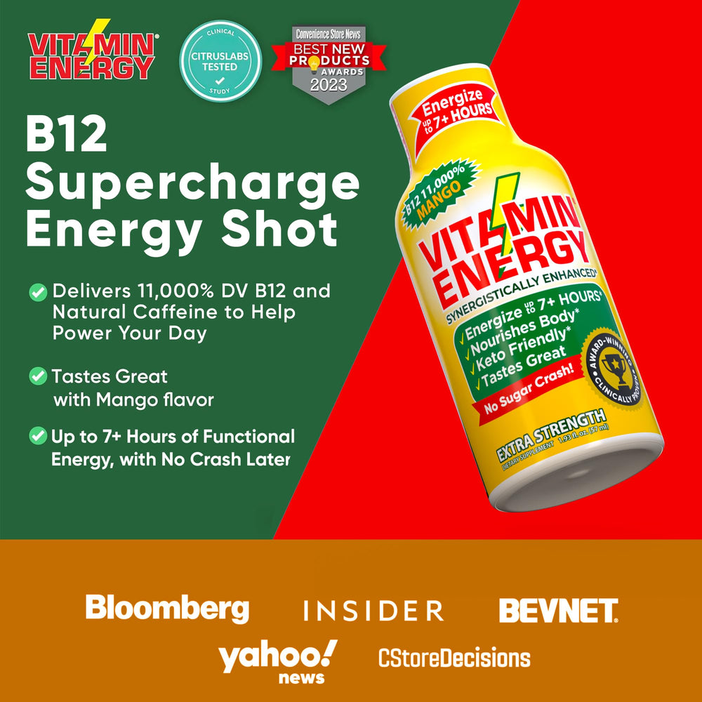 Vitamin Energy B12 shot mango ingredient panel lists B12, B6 and caffeine