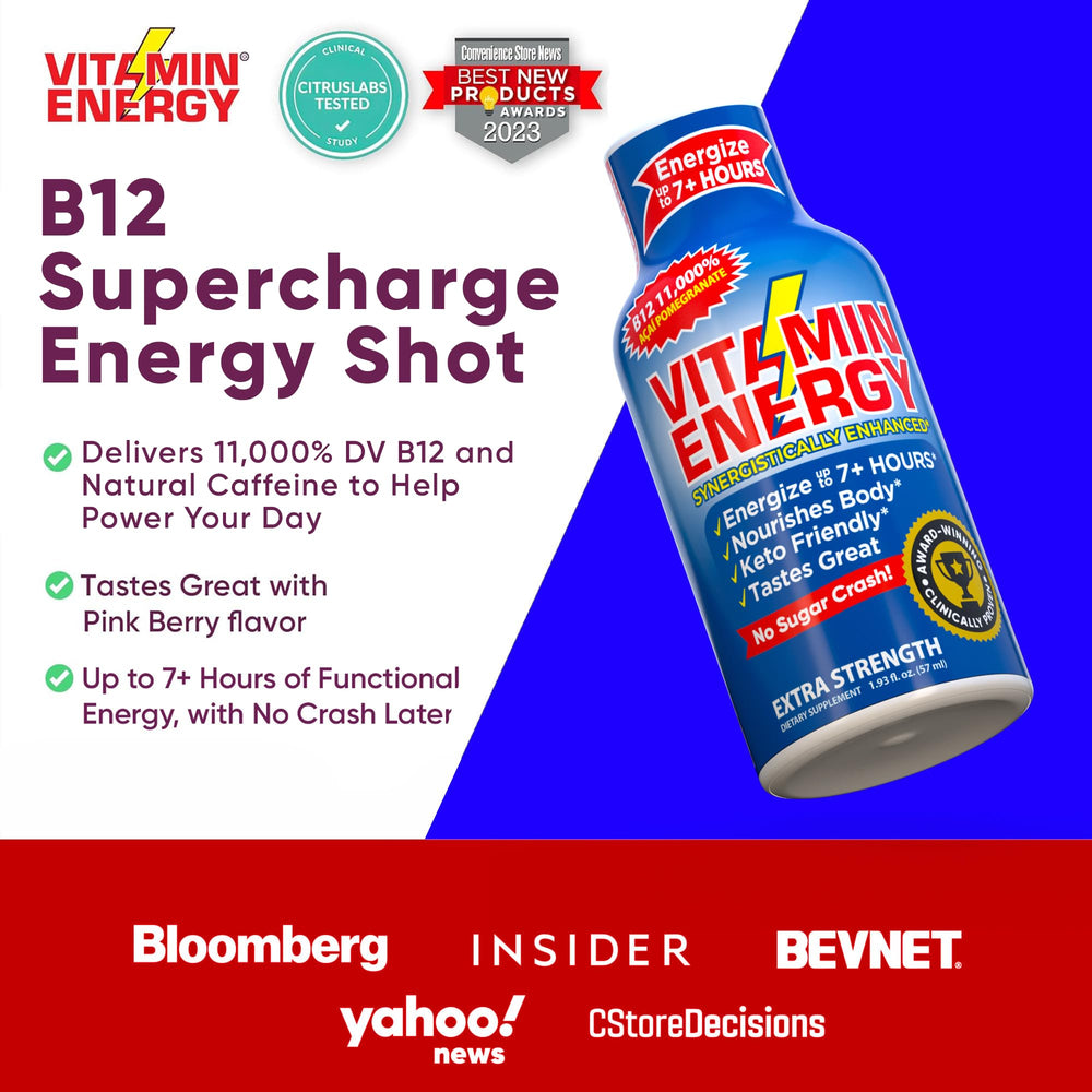 Vitamin Energy B12 shot packaging front emphasizes vegan, kosher, gluten-free quality.