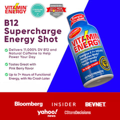 Vitamin Energy B12 shot packaging front emphasizes vegan, kosher, gluten-free quality.