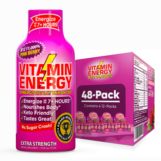 Vitamin Energy B12 Pink Berry bottle for quick, on-the-go energy.