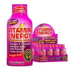 Vitamin Energy B12 pink berry shot bottle ready for focused use