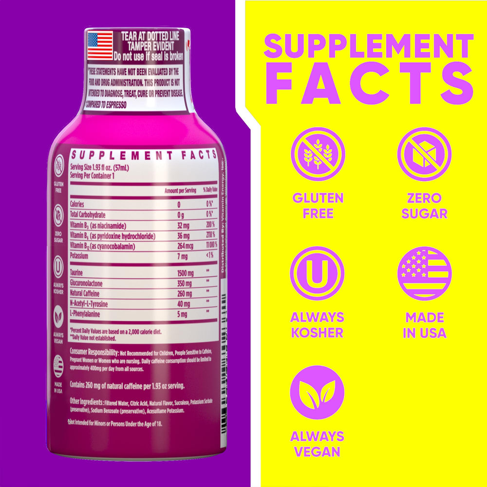 Close view of Vitamin Energy pink berry label on bottle