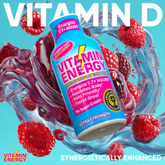 Berry shot bottle label close-up showing vitamin D and caffeine details.
