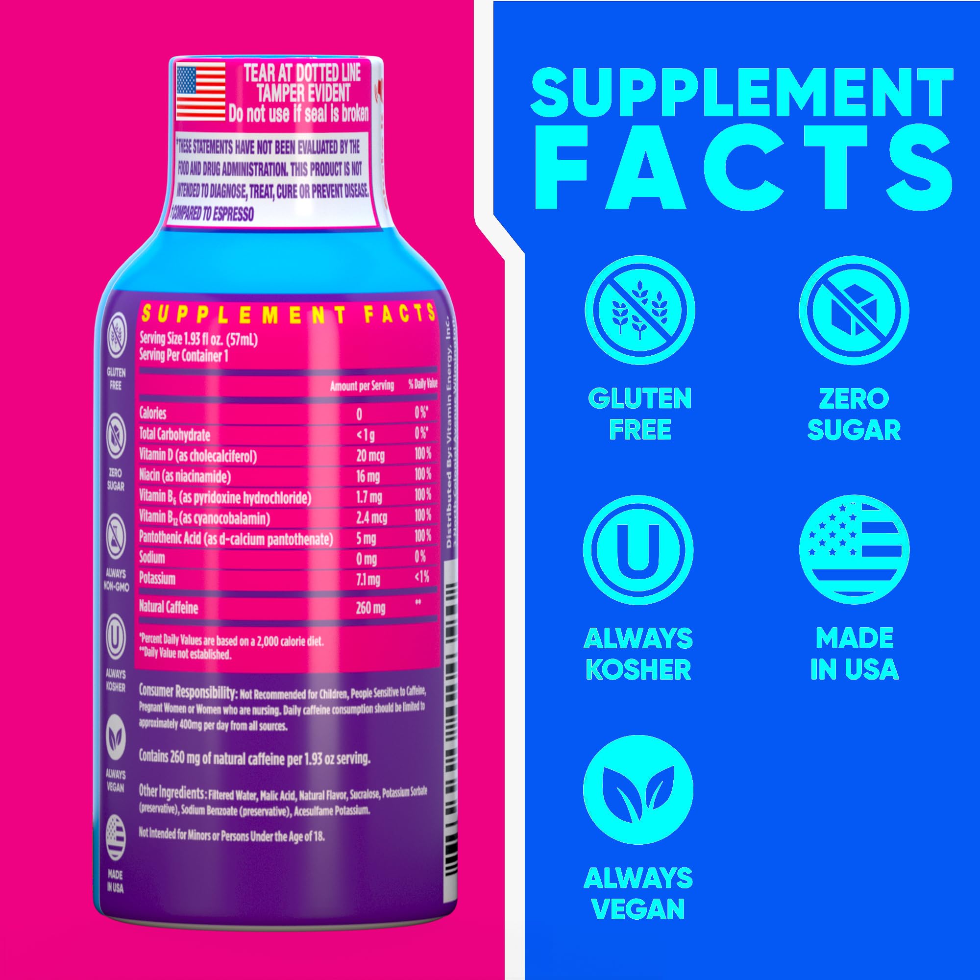 Pouring Vitamin Energy berry shot into a glass for a quick energy lift.
