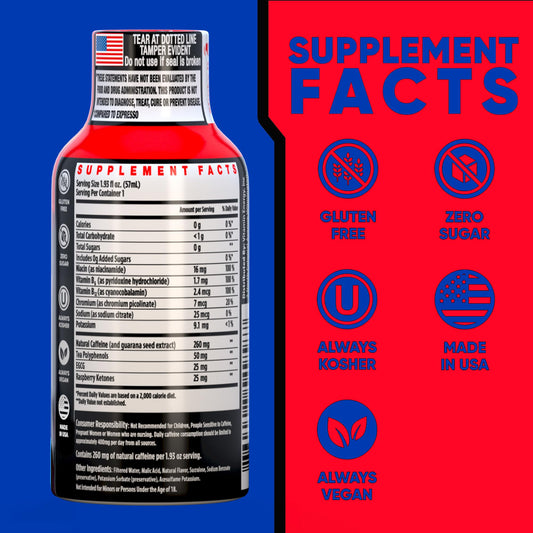 Vitamin Energy Burner+ 260mg caffeine shot highlights pre-workout energy boost