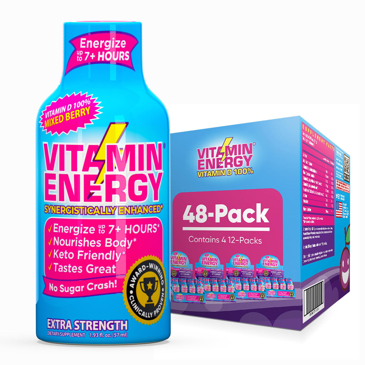 Vitamin Energy D extra strength berry shot bottle on display, ready for daily energy.