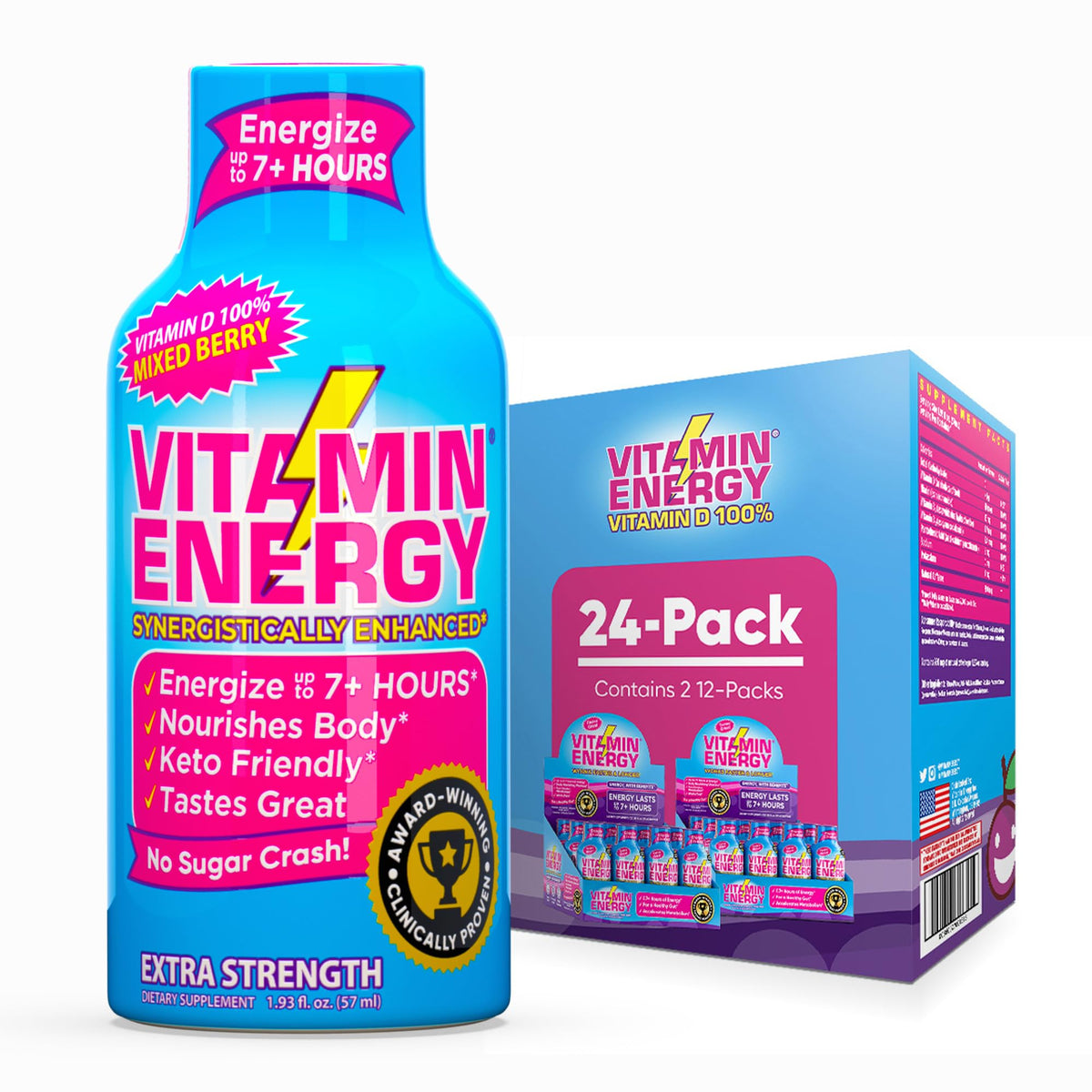 Vitamin Energy D extra strength shot bottle front showing mixed berry flavor and on-the-go use