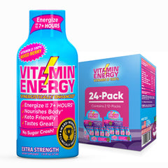 Vitamin Energy D extra strength shot bottle front showing mixed berry flavor and on-the-go use