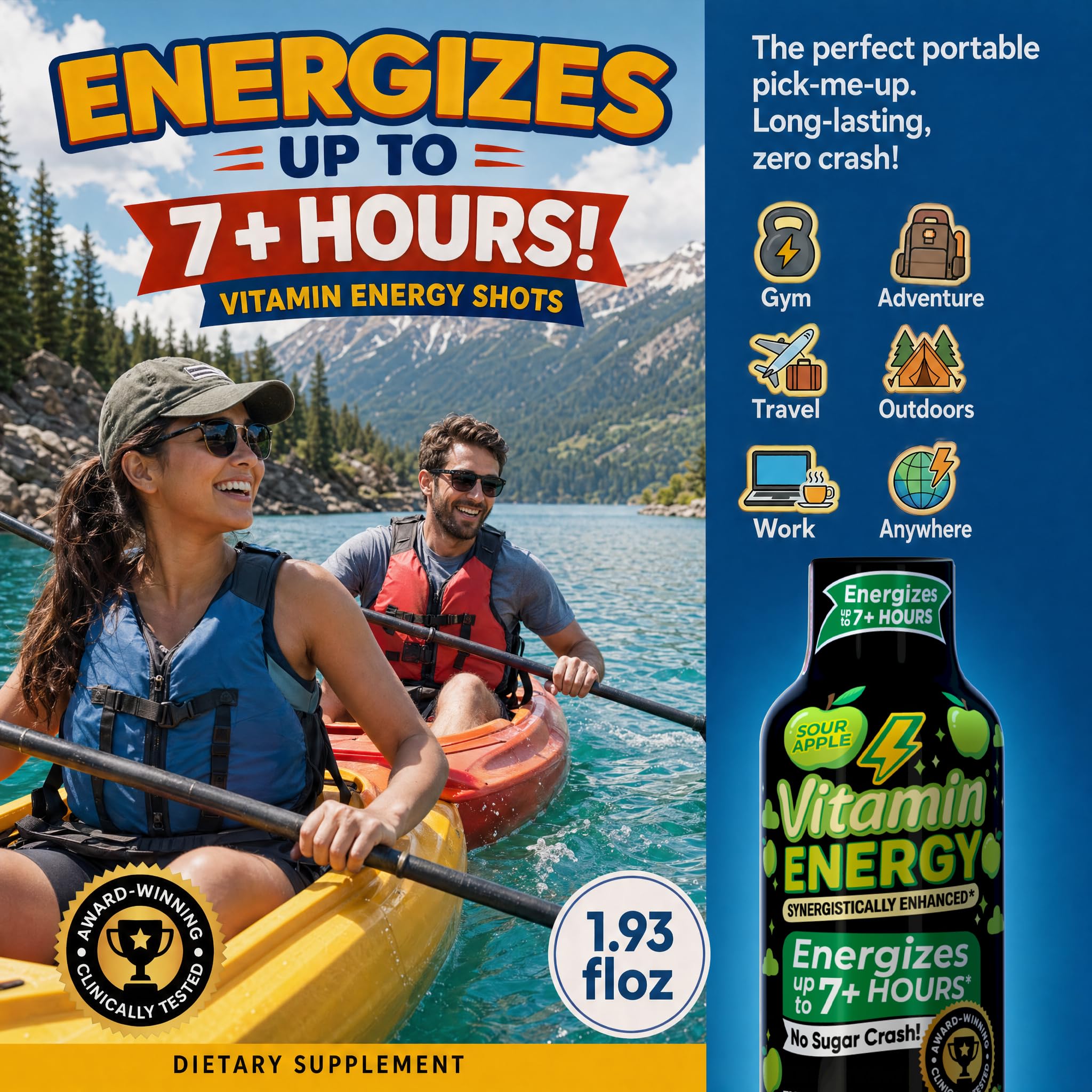 Vitamin Energy: etiqueta frente detalle que resalta ingredientes y pureza vegana.