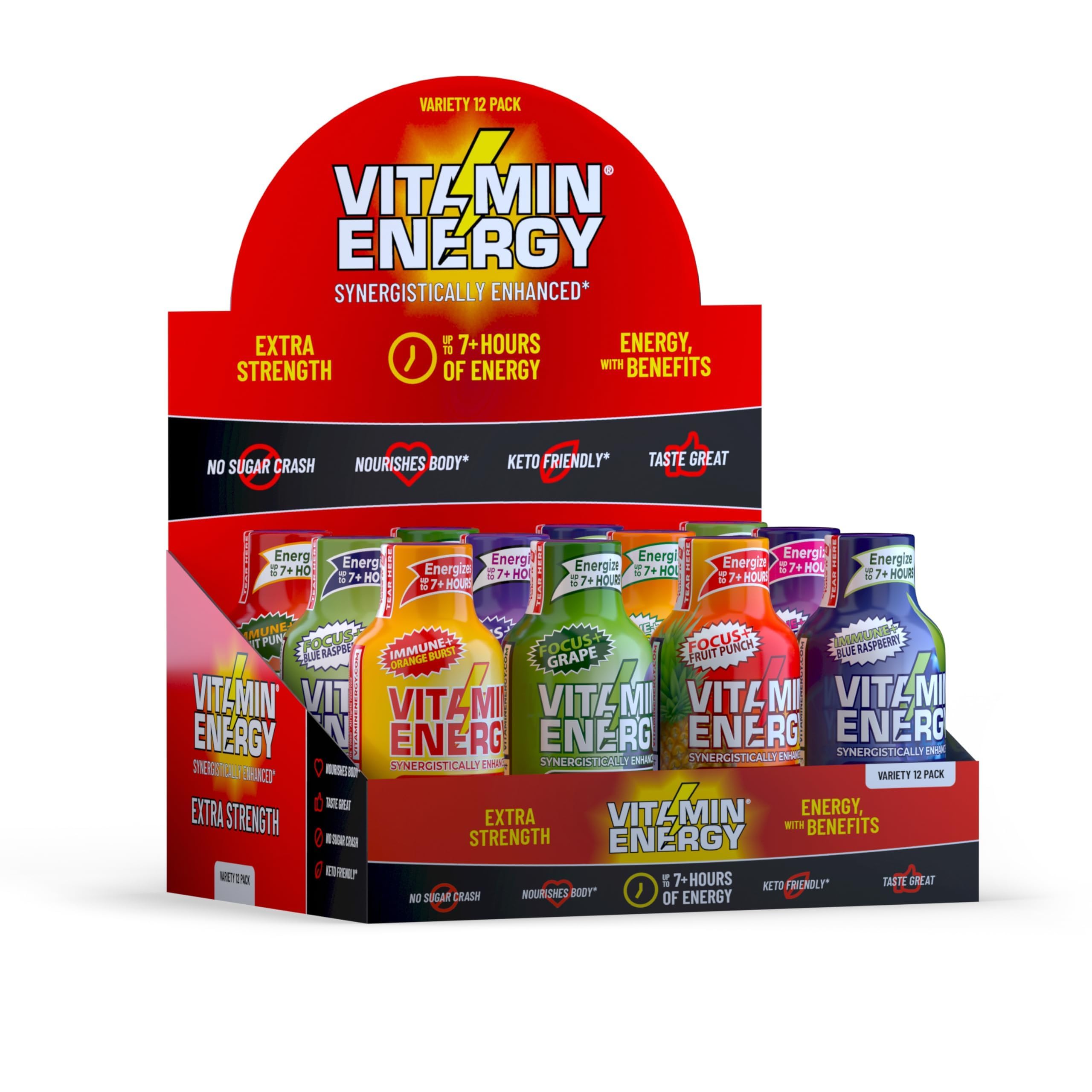 Vitamin Energy bottle front shows on-the-go energy and focus.