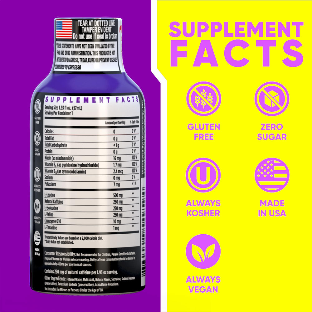 Back of Vitamin Energy Focus+ Berry Shot bottle with zero sugar claim and vitamins