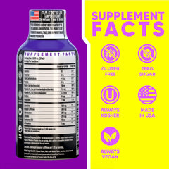 Back of Vitamin Energy Focus+ Berry Shot bottle with zero sugar claim and vitamins