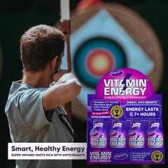 Glass with measurement line and Vitamin Energy Focus+ Berry Shot for precise serving