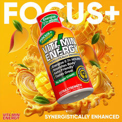 Vitamin Energy Focus+ bottle with label closeup highlighting ingredients.
