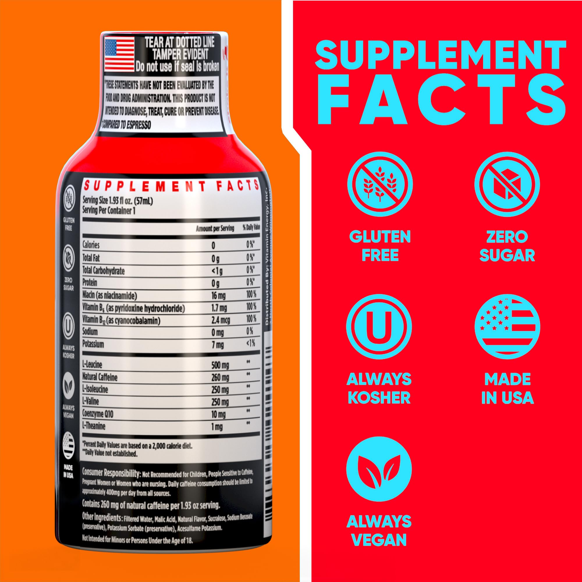 Vitamin Energy Focus+ mango shot pouring into a glass for quick focus.