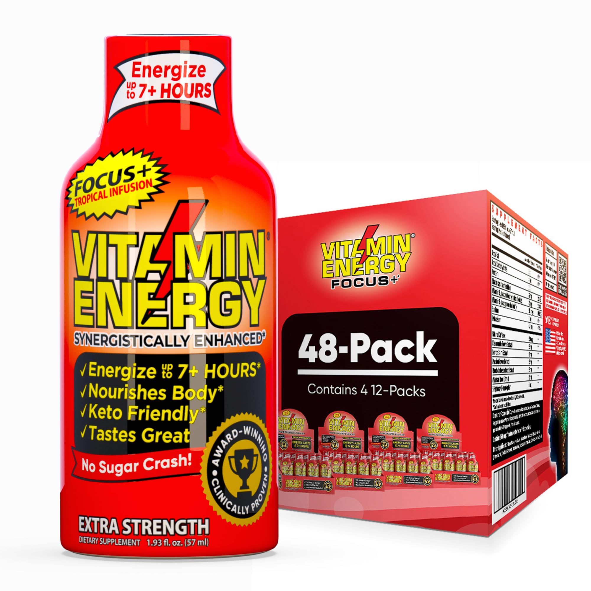 Vitamin Energy Focus+ Shot Tropical Infusion bottle boosts focus on the go.
