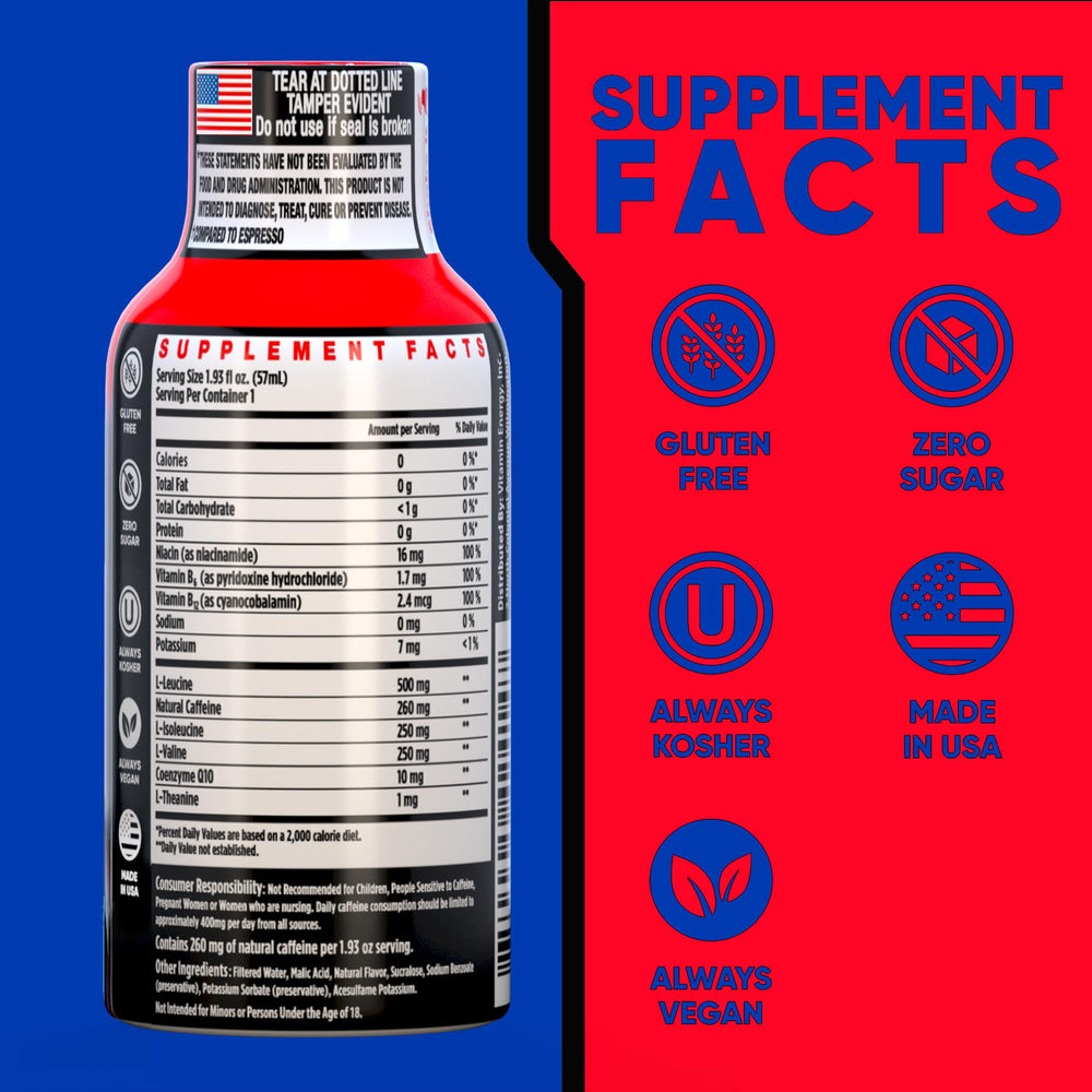 Vitamin Energy Focus+ Tropical bottle back highlights ingredients for alertness and endurance