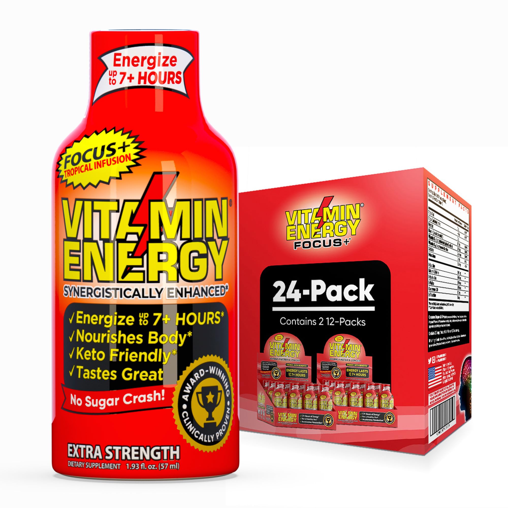 Vitamin Energy Focus+ Tropical bottle front view for daytime focus and sustained energy