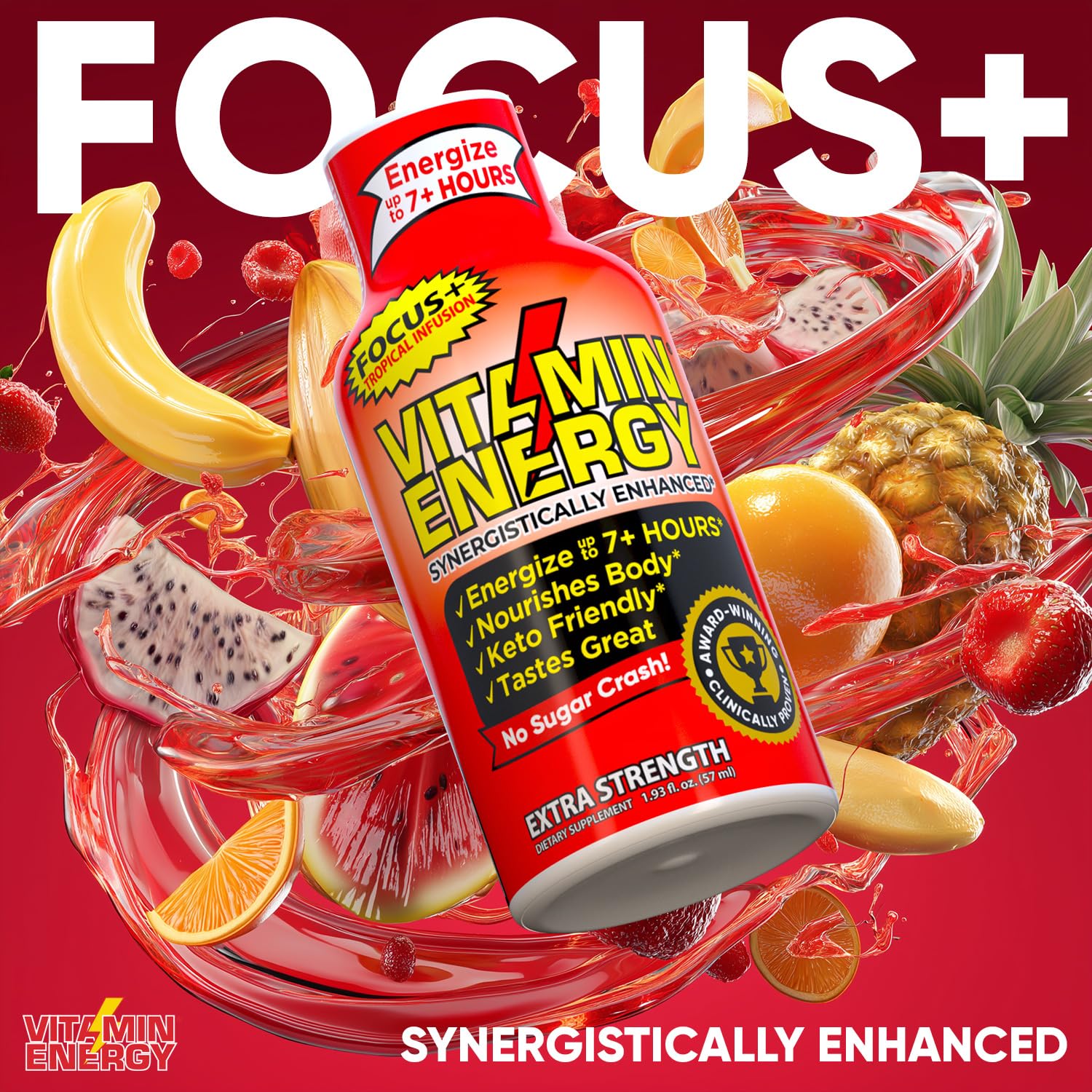 Vitamin Energy Focus+ Tropical shot being poured for quick daily energy
