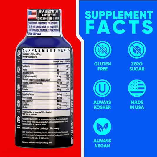 Vitamin Energy Immune+ bottle pouring shot for quick energy.