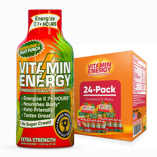 Vitamin Energy Immune+ front bottle shows zero sugar and gluten-free formulation.