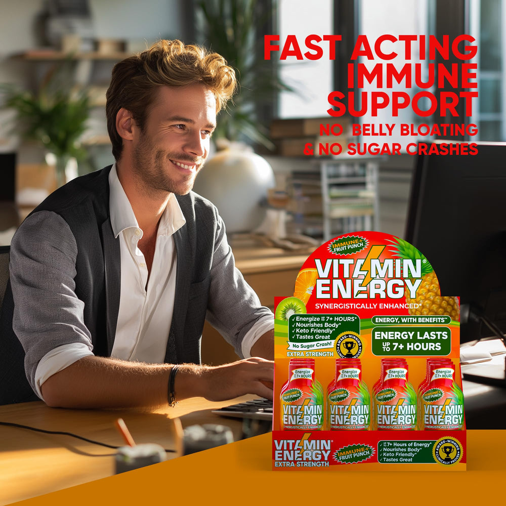 Vitamin Energy Immune+ fruit punch color evokes refreshing flavor and appeal.