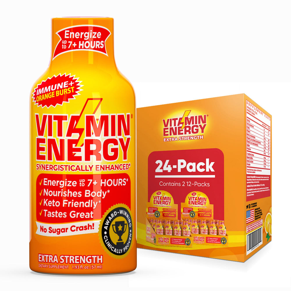 Vitamin Energy Immune+ orange-burst shot bottle for sustained energy