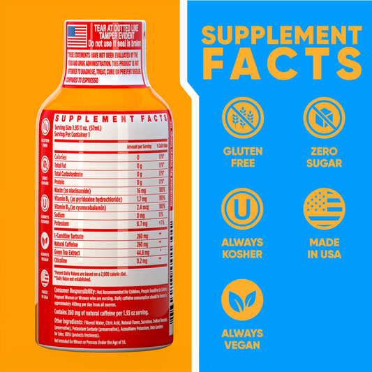 Pouring Vitamin Energy Immune+ orange-burst shot into glass for quick focus