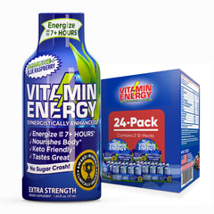 Vitamin Energy Immune+ blue raspberry shot bottle labeled for focus and energy