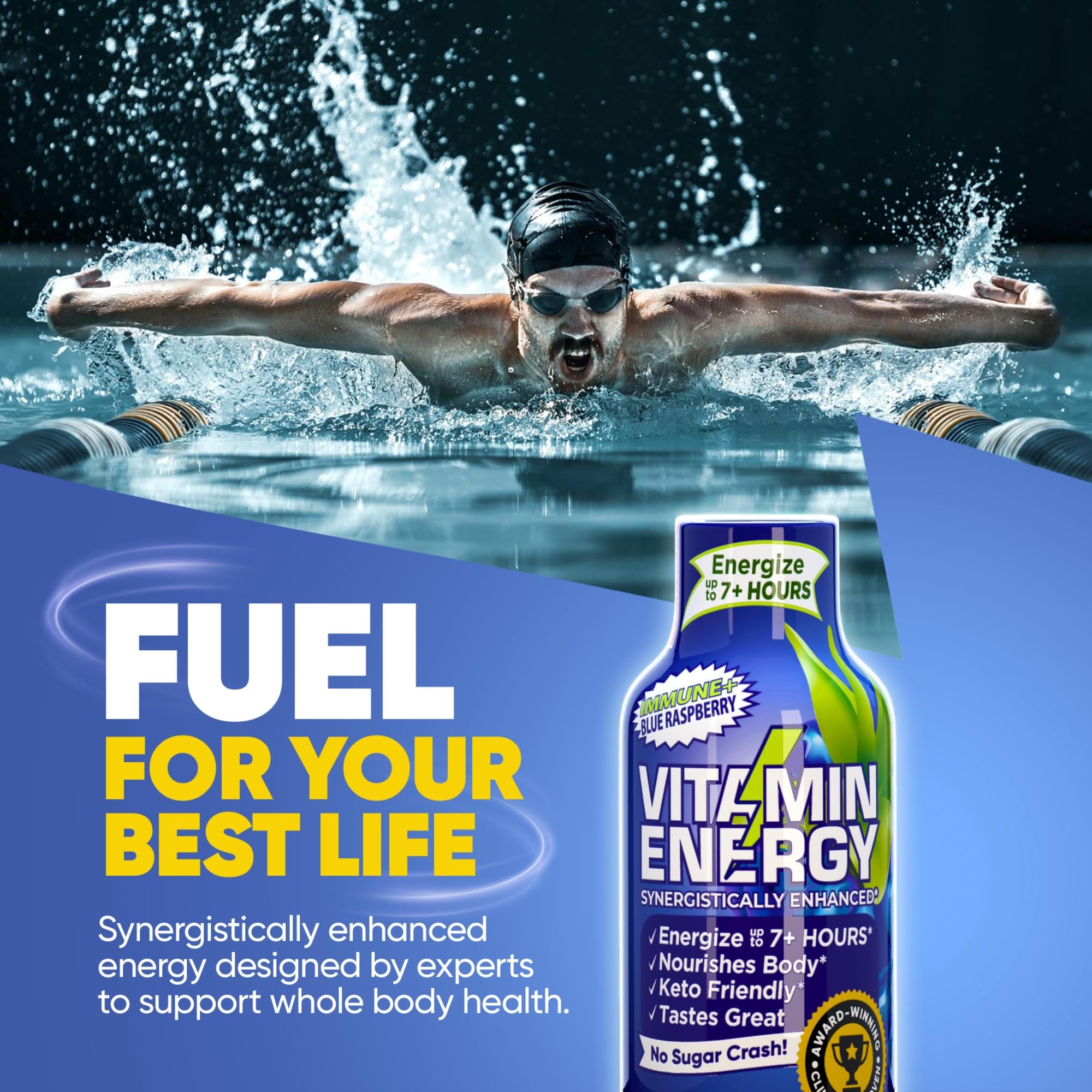 Blue raspberry flavor splash on Vitamin Energy Immune+ shot