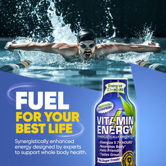 Blue raspberry flavor splash on Vitamin Energy Immune+ shot