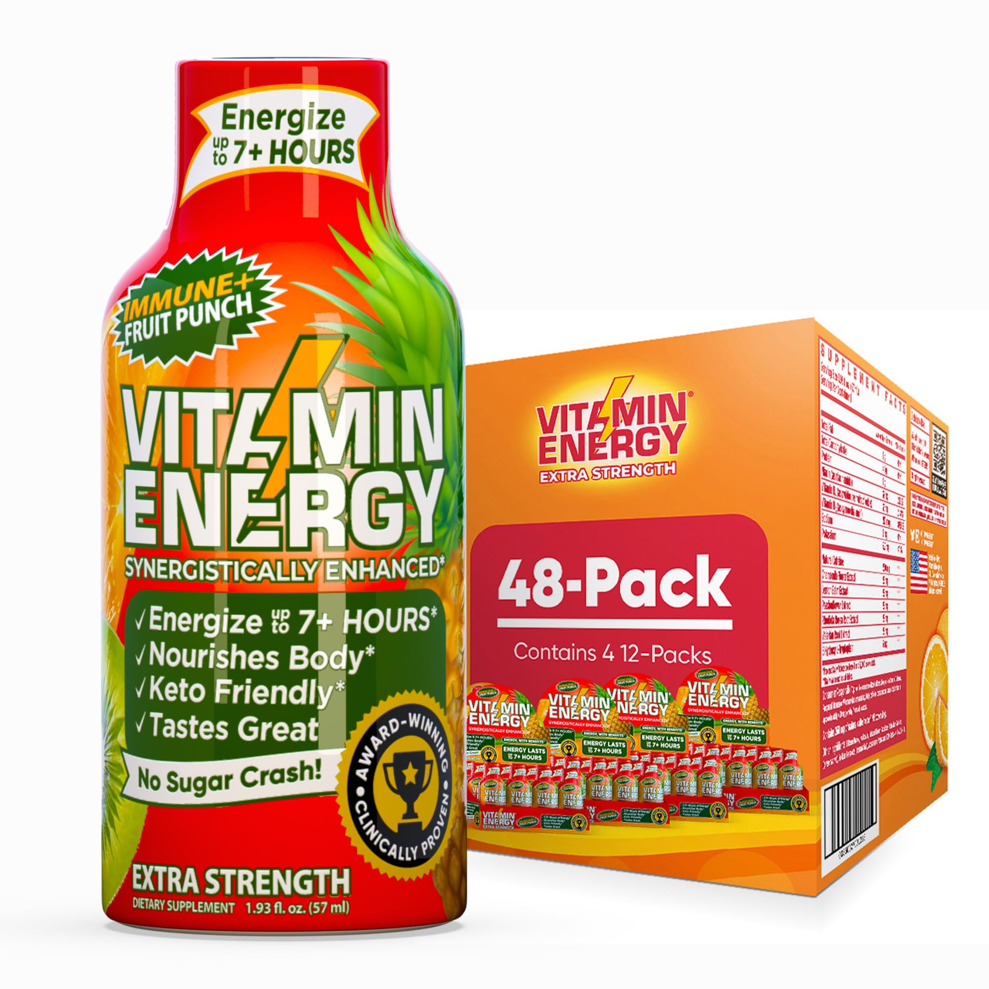 Vitamin Energy Immune+ Shot bottle-front view shows compact energy and immune support for busy days