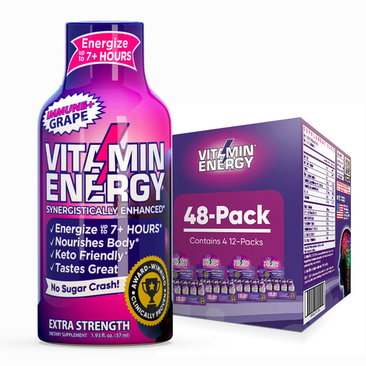 Vitamin Energy Immune+ grape shot pack shown for daily energy and focus