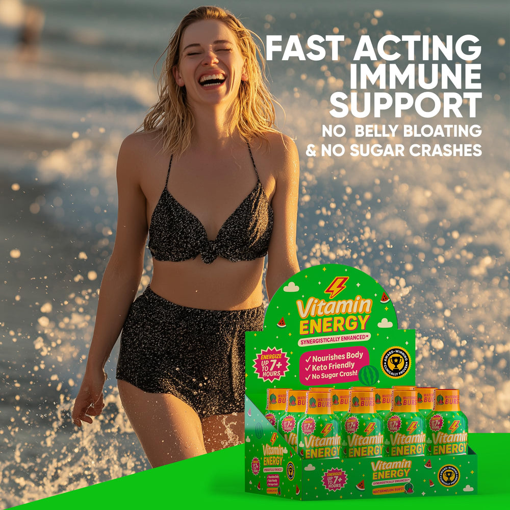 Vitamin Energy Immune+ bottle label highlights green tea and citicoline ingredients.