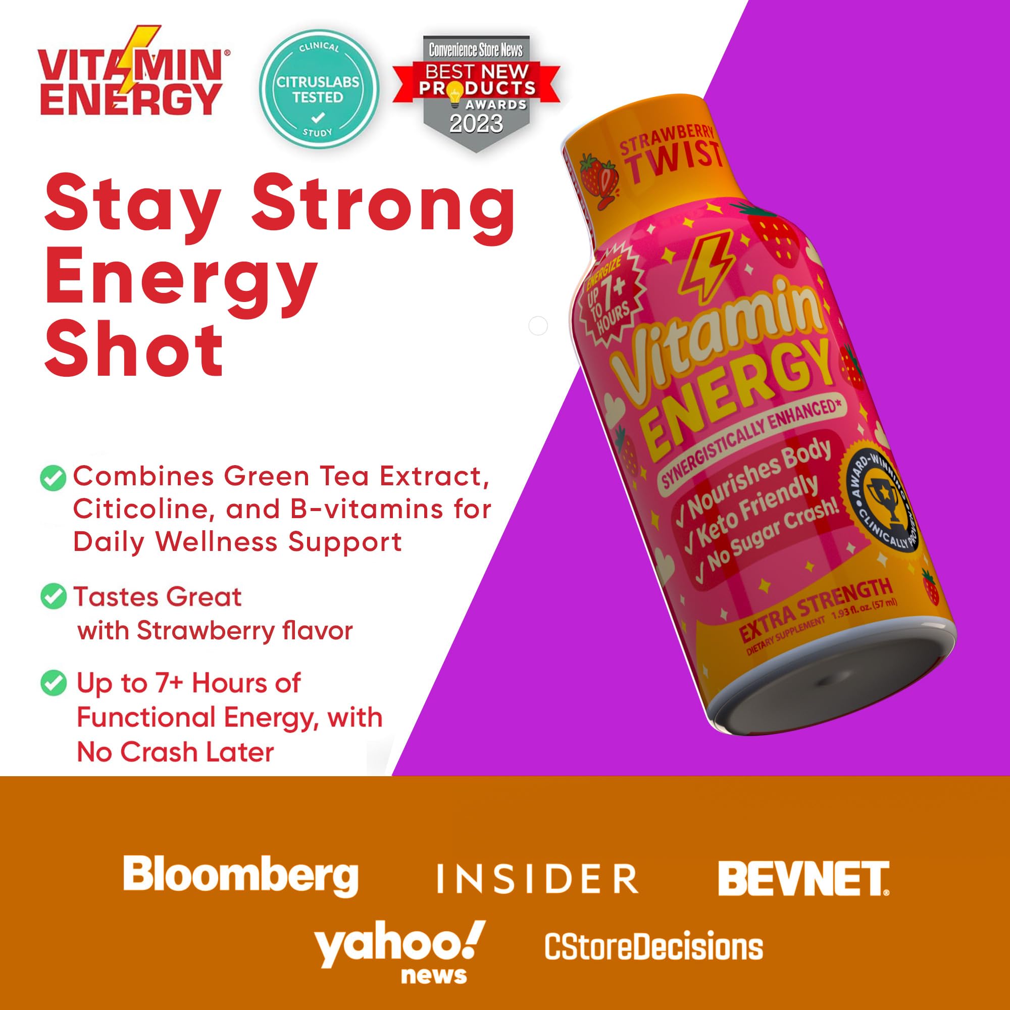 Vitamin Energy Immune+ Strawberry Twist shot open pack illustrates quick use during busy mornings.