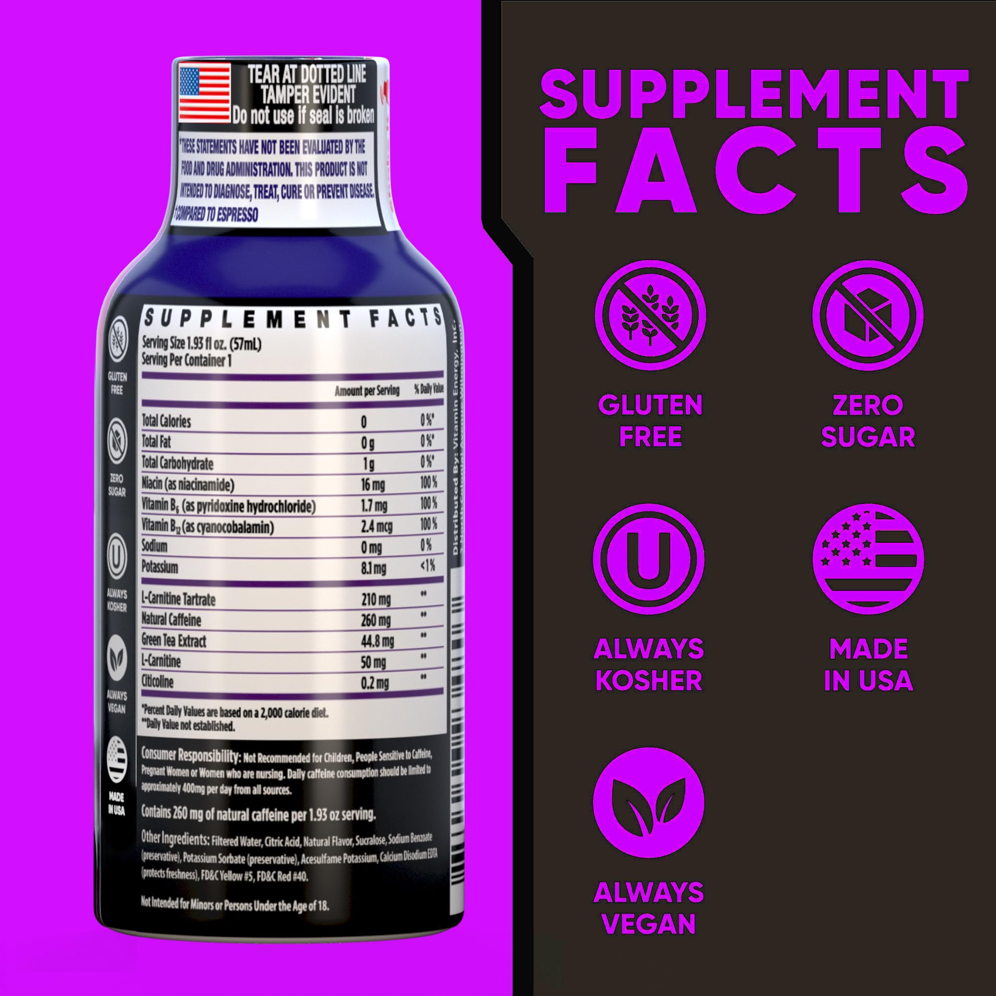 Vitamin Energy ImmunePlus bottle closeup highlights caffeine content for focus.
