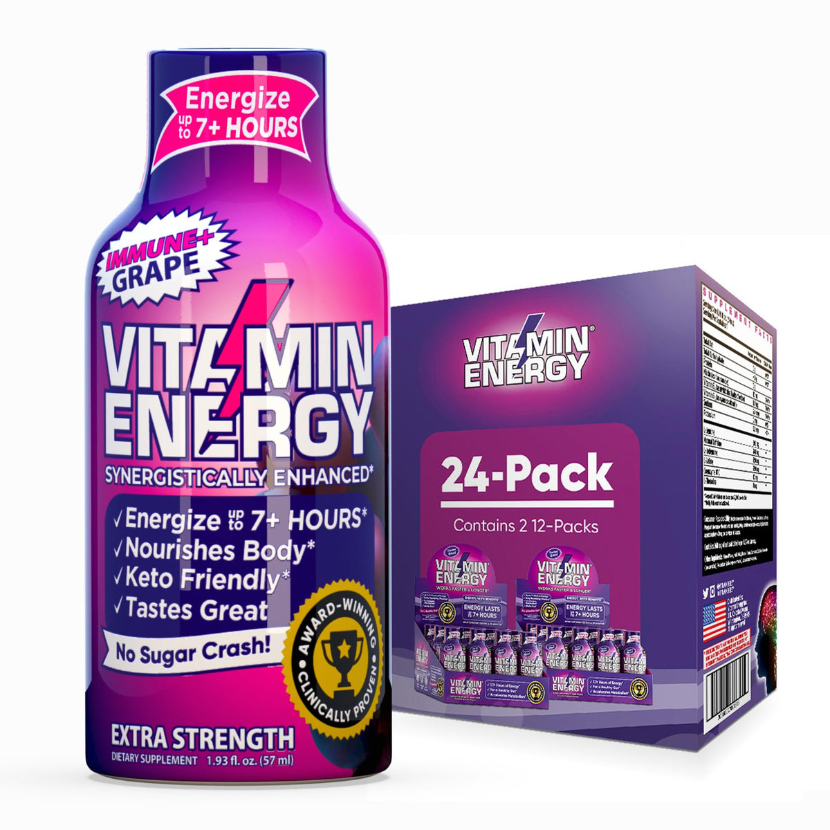 Vitamin Energy ImmunePlus grape bottle front for quick energy on the go.